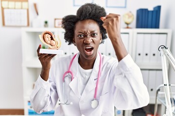 African doctor woman holding anatomical model of female uterus with fetus annoyed and frustrated...
