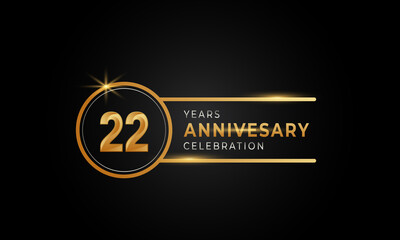 22 Year Anniversary Celebration Golden and Silver Color with Circle Ring for Celebration Event, Wedding, Greeting card, and Invitation Isolated on Black Background
