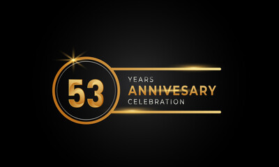 53 Year Anniversary Celebration Golden and Silver Color with Circle Ring for Celebration Event, Wedding, Greeting card, and Invitation Isolated on Black Background