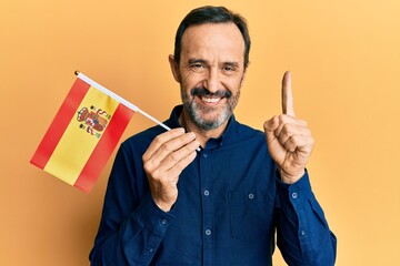 Middle age hispanic man holding spain flag smiling with an idea or question pointing finger with...