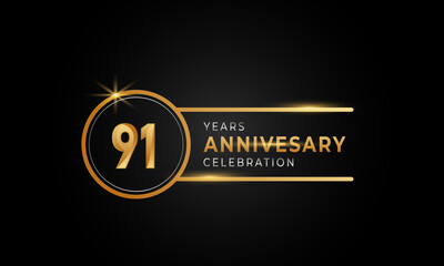 91 Year Anniversary Celebration Golden and Silver Color with Circle Ring for Celebration Event, Wedding, Greeting card, and Invitation Isolated on Black Background