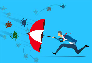 Businessman running and holding umbrella to protect covid-19. Concept business vector