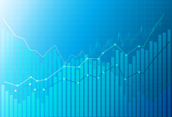 business chart with uptrend line graph Bar graph and bull market figures on white and blue background