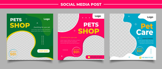 Pet shop social media post template design with photo collage.	
