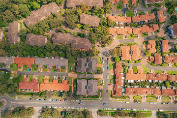 Aerial view of streets, cul-de-sacs, houses and rooftops in the suburb of Menai in Sutherland...