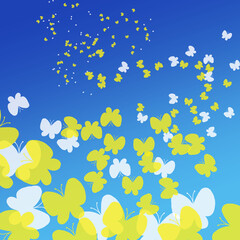 Fototapeta na wymiar 青空に舞い上がる白と黄色の蝶の群れ