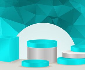 3D vector abstract podium, pedestal, plaque, cylinder steps of a round gold frame. The concept of minimalistic layout, empty space and space. Mock Up. on blue background abstract polygon