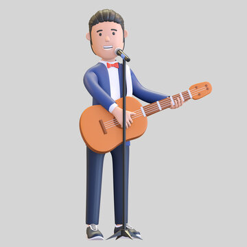 musician singing while playing acoustic guitar character 3d illustration render