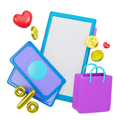 The concept of icons of online shopping through a smartphone. Bag, dollar bill and coins, percent
 and heart. 3d render illustration