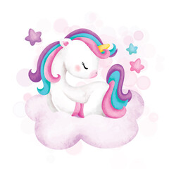 Watercolor Illustration Cute unicorn on the cloud  © Stella