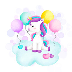 Watercolor Illustration Cute unicorn on the cloud with balloons  © Stella
