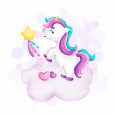 Watercolor Illustration Cute unicorn on the cloud 