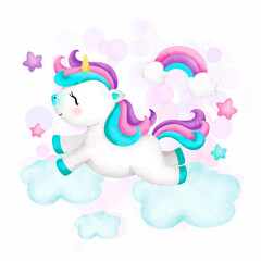 Watercolor Illustration Cute unicorn on the cloud 