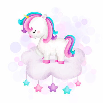 Watercolor Illustration Cute unicorn on the cloud 