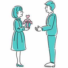 男女　カップル　贈りもの　プレゼント　ファンシー　かわいい　おしゃれ　線画　シンプル　イラスト