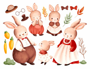 Watercolor illustration set of Rabbit Family 