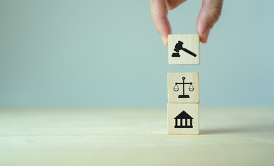 Wooden cube block shape with icon law legal justice. Law business and justice banner. Modern...