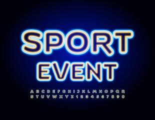Vector neon flyer Sport Event. Bright light Font. Electric style Alphabet Letters and Numbers set