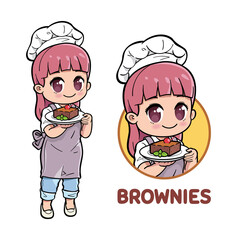 Cute female chef presenting brownies cake.