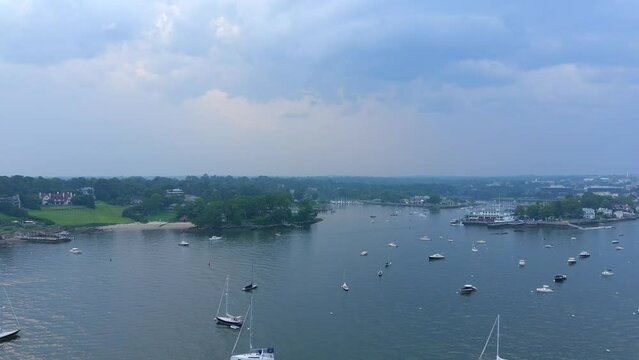 Aerial Sunset View Of The Harbor In Greenwich, CT. 