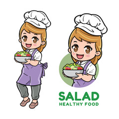 Cute female chef holding a bowl of salad.
