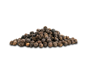 Closeup view pile of natural black pepper seeds on white background.