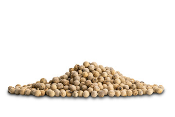 Closeup view pile of natural white pepper seeds on white background.