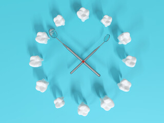 Dental Inspection concept. Dental tools and white healthy teeth in the form of a clock. 3d illustration