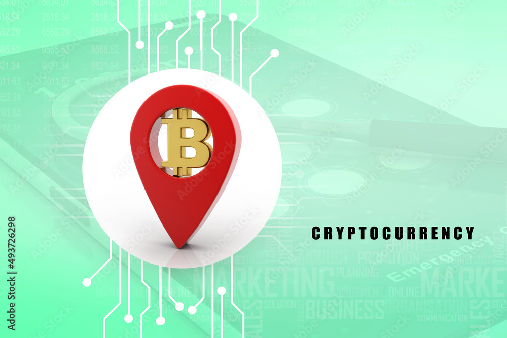 Poster 3d rendering bitcoin with navigation sign