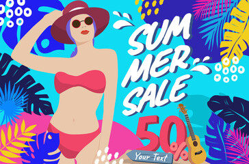 woman wearing pivk bikini summertime background tropical bright colors
