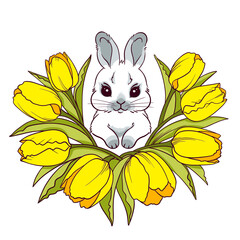 Small spring Easter bunny surrounded by flowers, snowdrops, tulips, wreath of flowers and rabbit, hand drawn isolated on a white background for printing Cartoon character symbol of the spring holiday