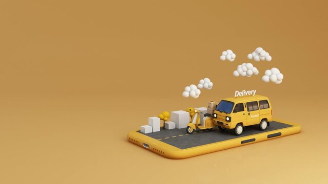 E-commerce concept, Delivery service on mobile application, Transportation delivery by Vans, truck and motorbike scooter on the road in smartphone product packages, gift boxes yellow tone 3d rendering