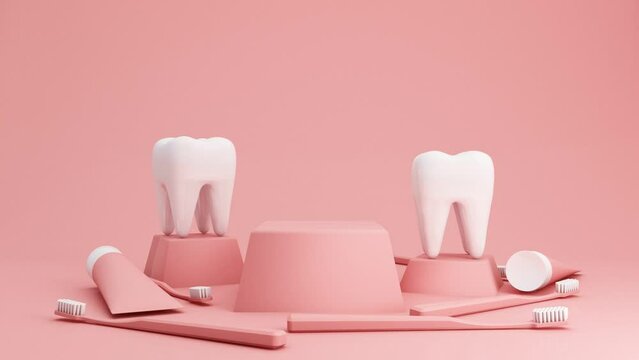 Podium product stand with White teeth, toothbrush and toothpaste tube for product presentation isolated on pink background, in concept of Oral Health and Dental Care and Oral Care. 3d rendering