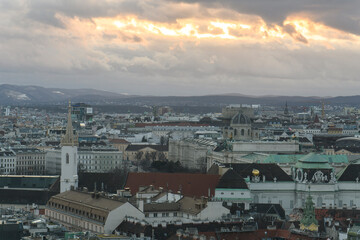 Fototapeta na wymiar Panoramic view of Vienna from the South Tower of St Stephen Cathedral or Stephansdom, catholic church in Vienna, Austria