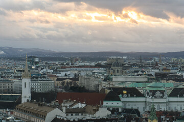 Panoramic view of Vienna from the South Tower of St Stephen Cathedral or Stephansdom, catholic church in Vienna, Austria