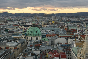 Panoramic view of Vienna from the South Tower of St Stephen Cathedral or Stephansdom, catholic church in Vienna, Austria