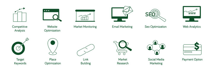 SEO icon set website optimization, market monitoring, email marketing, SEO optimization, web analytics, target keywords, place optimization, link building, market research, social media marketing