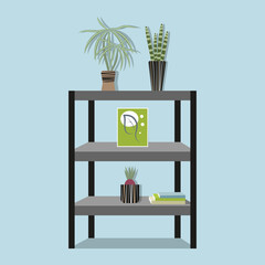 Shelving with books, indoor plants in Scandinavian interior and stylish decor. Flat-style illustration isolated against a white background. Cosy furnished room