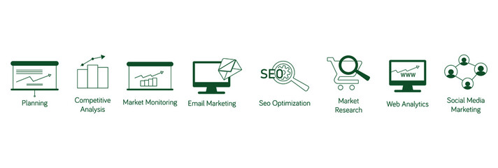 SEO icon set, planning, competitive analysis,  market monitoring, email marketing, SEO optimization, market research, a web analytics