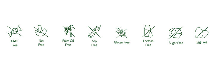 GMO-free, nut-free, palm oil-free, soy-free, gluten-free, lactose-free, sugar-free, egg-free line icon set vector illustration 