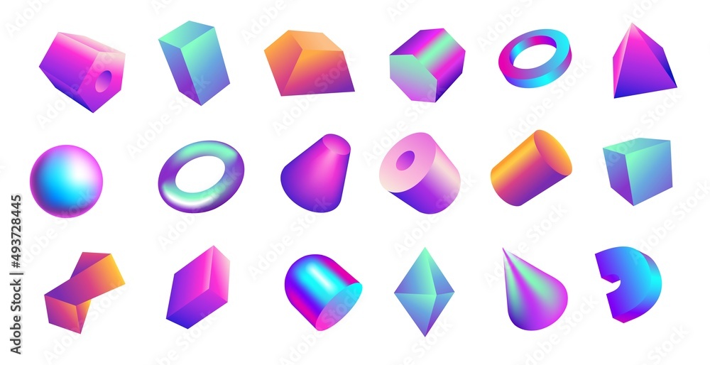 Aufkleber Gradient 3D shapes. Bright gradient geometric figures. Iridescent sphere cylinder and parallelepiped. Glossy pyramid. Holographic cone or ring. Sparkling cube. Vector abstract forms set