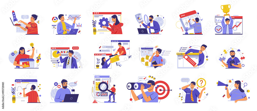 Poster business people teamwork. persons working with laptops. employees scheduling or finding solution. co