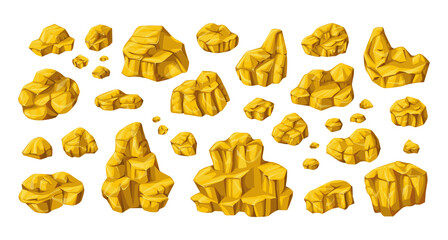 Golden nuggets. Cartoon gold mine boulders and stones. Yellow metal ore precious elements. Miners wealth. Geological material. Shiny treasure. Goldmine prill. Vector isolated rocks set