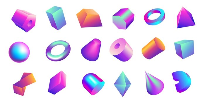 Gradient 3D shapes. Bright gradient geometric figures. Iridescent sphere cylinder and parallelepiped. Glossy pyramid. Holographic cone or ring. Sparkling cube. Vector abstract forms set