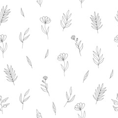flowers seamless pattern hand drawn doodle. vector, minimalism, scandinavian, monochrome, trendy colors 2022. simple abstract plants. wallpaper, wrapping paper, textiles, background.