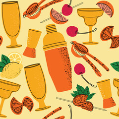 Vector bartender equipment seamless pattern. Vector orange bright illustration