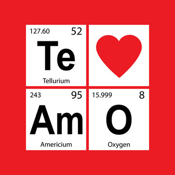 Chemical elements of periodic table. Funny chemistry, phrase on spanish language - I love you. Te amo - slogan and red heart. Design for web or art. Printable banner for t-shirt.