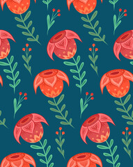 Seamless vector pattern with red flowers on stems with folk ornaments on blue background. Texture with tulip with naive ornaments. Natural fabric swatch with floral decoration