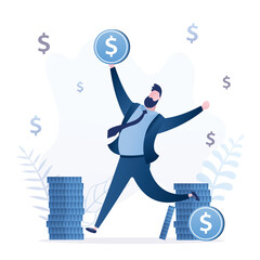 Successful businessman with money. Happy trader with profit in jump. Huge earning, salary. Entrepreneur making big money. Stacks of dollar coins. Male winner with award.