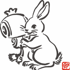 年賀状素材　2023　卯　兎　うさぎ　卯年　墨絵　水墨画　日本画　浮世絵　手描き　水彩　イラスト